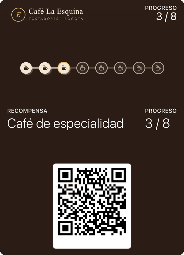 Tarjeta de sellos de un café de ejemplo, tal como se ve en Apple Wallet: 3 de 8 sellos